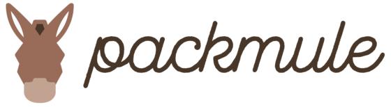 Close-up of the packmule logo featuring a donkey head and stylized text for branding and website recognition.